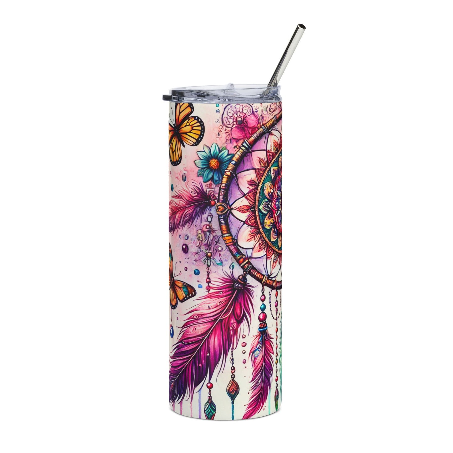 20oz Dreamcatcher Stainless Steel Tumbler — Colorful Feather & Butterfly Travel Cup
