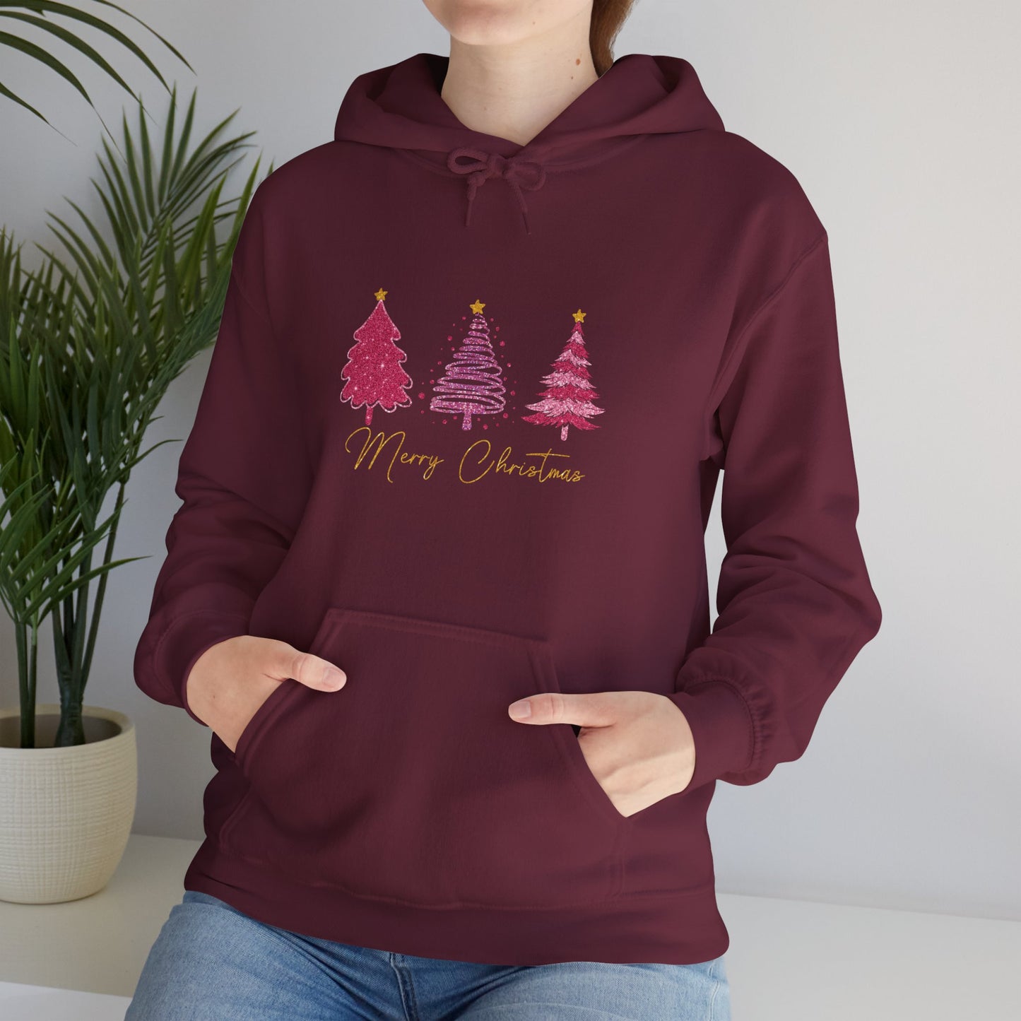 Christmas Pink Tree Hoodie — Merry Christmas Script Holiday Sweatshirt