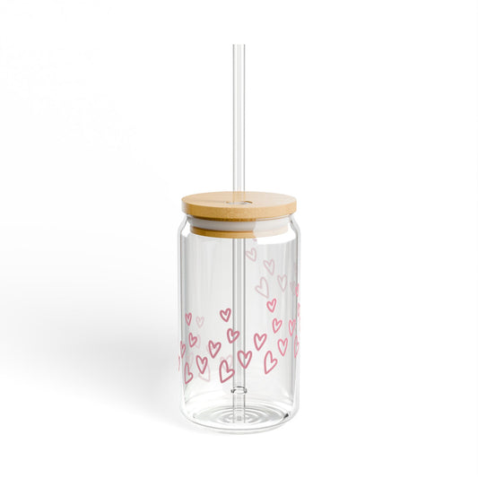 Heart Pattern Sipper Glass — 16oz Clear Tumbler with Pink Hearts & Bamboo Lid