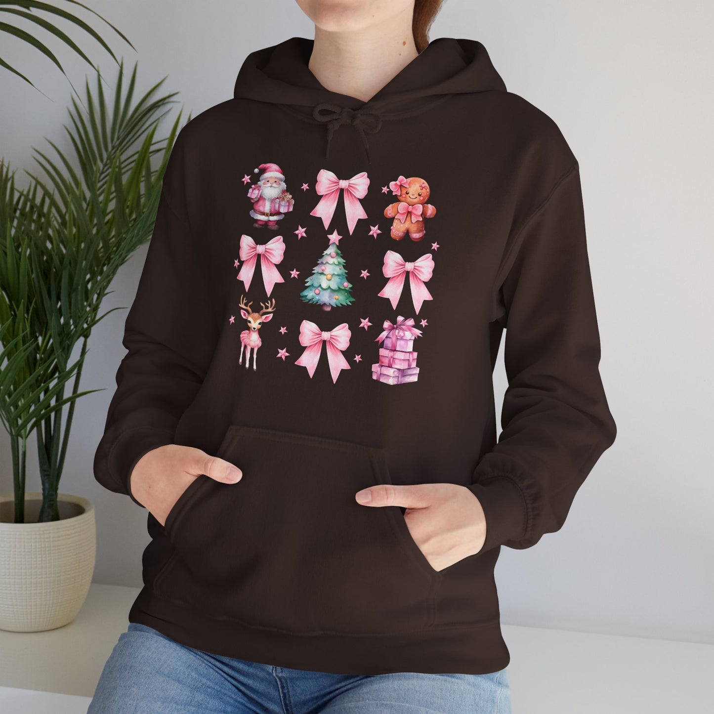 Christmas Graphic Hoodie — Pink Holiday Icons (Santa, Tree, Gingerbread, Bows)
