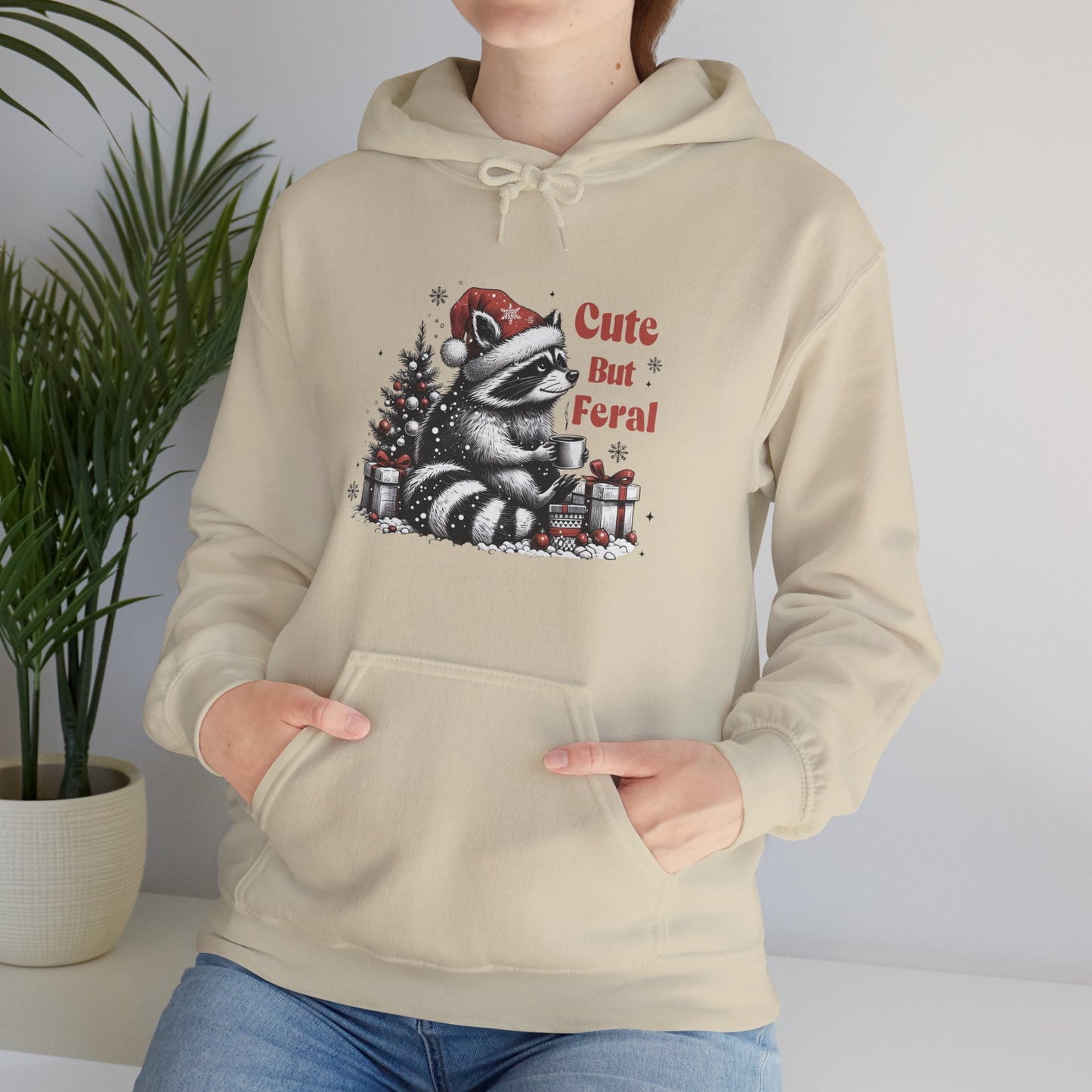 Cute But Feral Raccoon Holiday Hoodie — Christmas Animal Graphic Sweatshirt