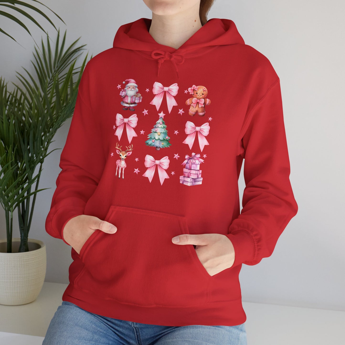 Christmas Graphic Hoodie — Pink Holiday Icons (Santa, Tree, Gingerbread, Bows)