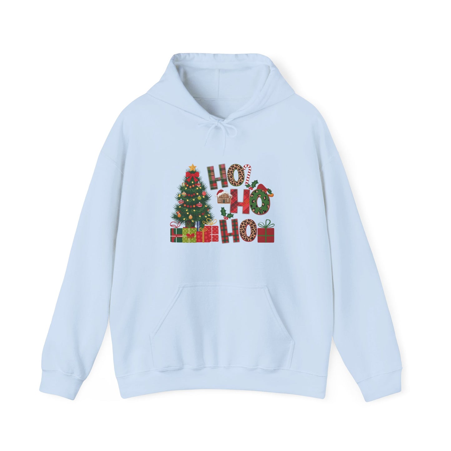 Christmas 'Ho Ho Ho' Hoodie with Tree & Gifts - Festive Holiday Sweatshirt