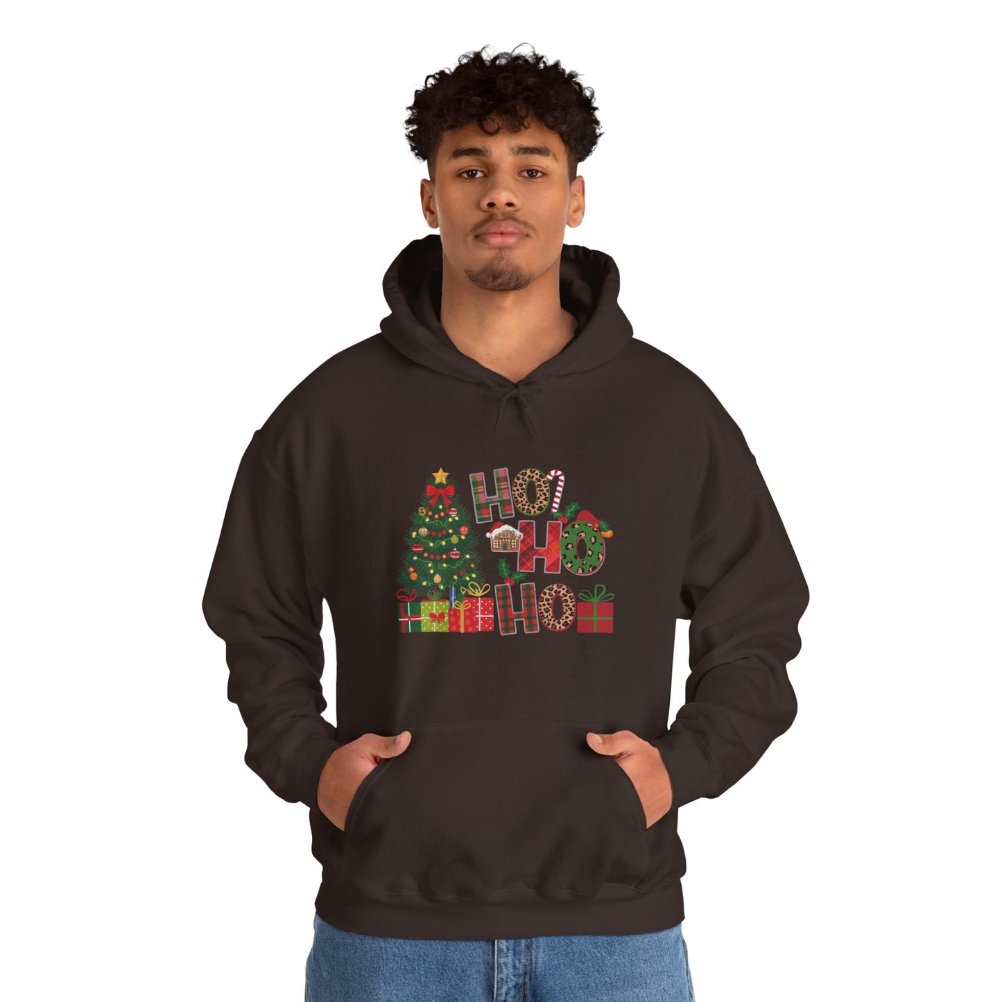 Christmas 'Ho Ho Ho' Hoodie with Tree & Gifts - Festive Holiday Sweatshirt