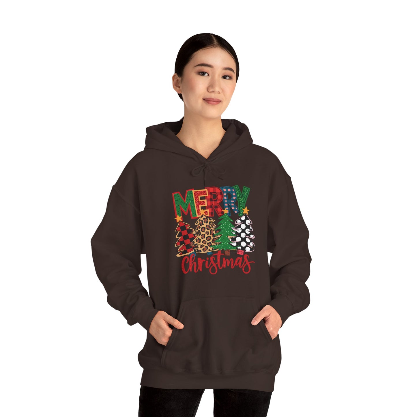 Merry Christmas Pine Tree Hoodie — Festive Buffalo Plaid Holiday Sweatshirt