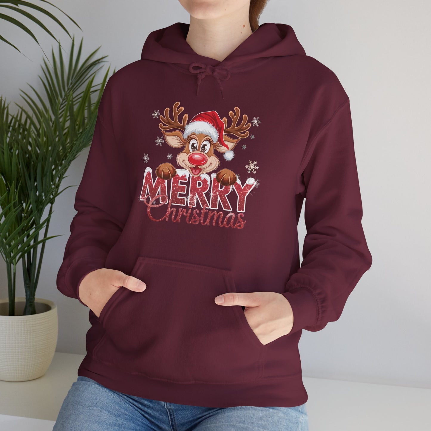 Christmas Reindeer Hoodie - 'Merry Christmas' Cute Santa Reindeer Holiday Sweatshirt