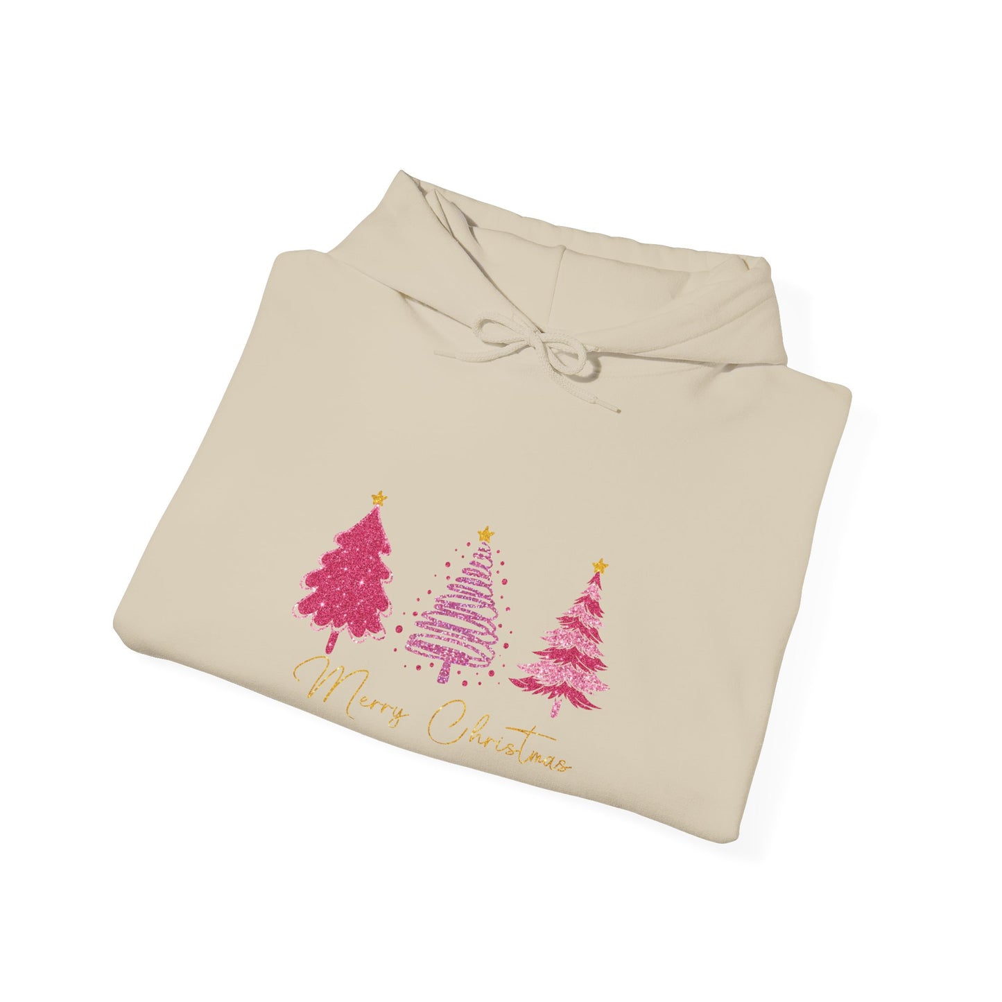 Christmas Pink Tree Hoodie — Merry Christmas Script Holiday Sweatshirt