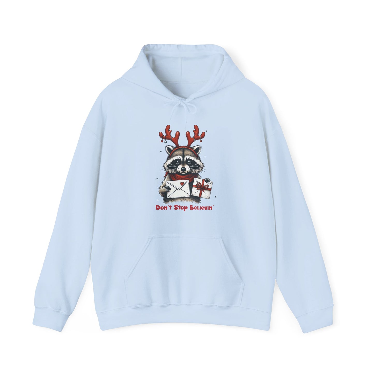 Christmas Raccoon Hoodie — 'Don't Stop Believin'' Festive Holiday Sweatshirt