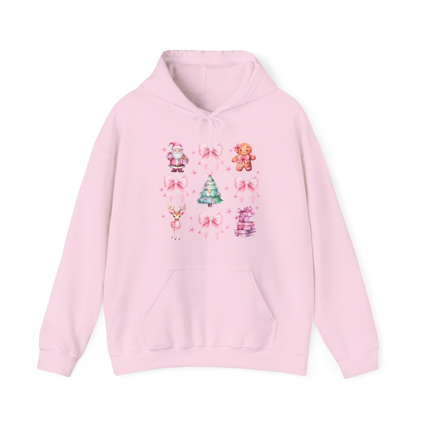 Christmas Graphic Hoodie — Pink Holiday Icons (Santa, Tree, Gingerbread, Bows)