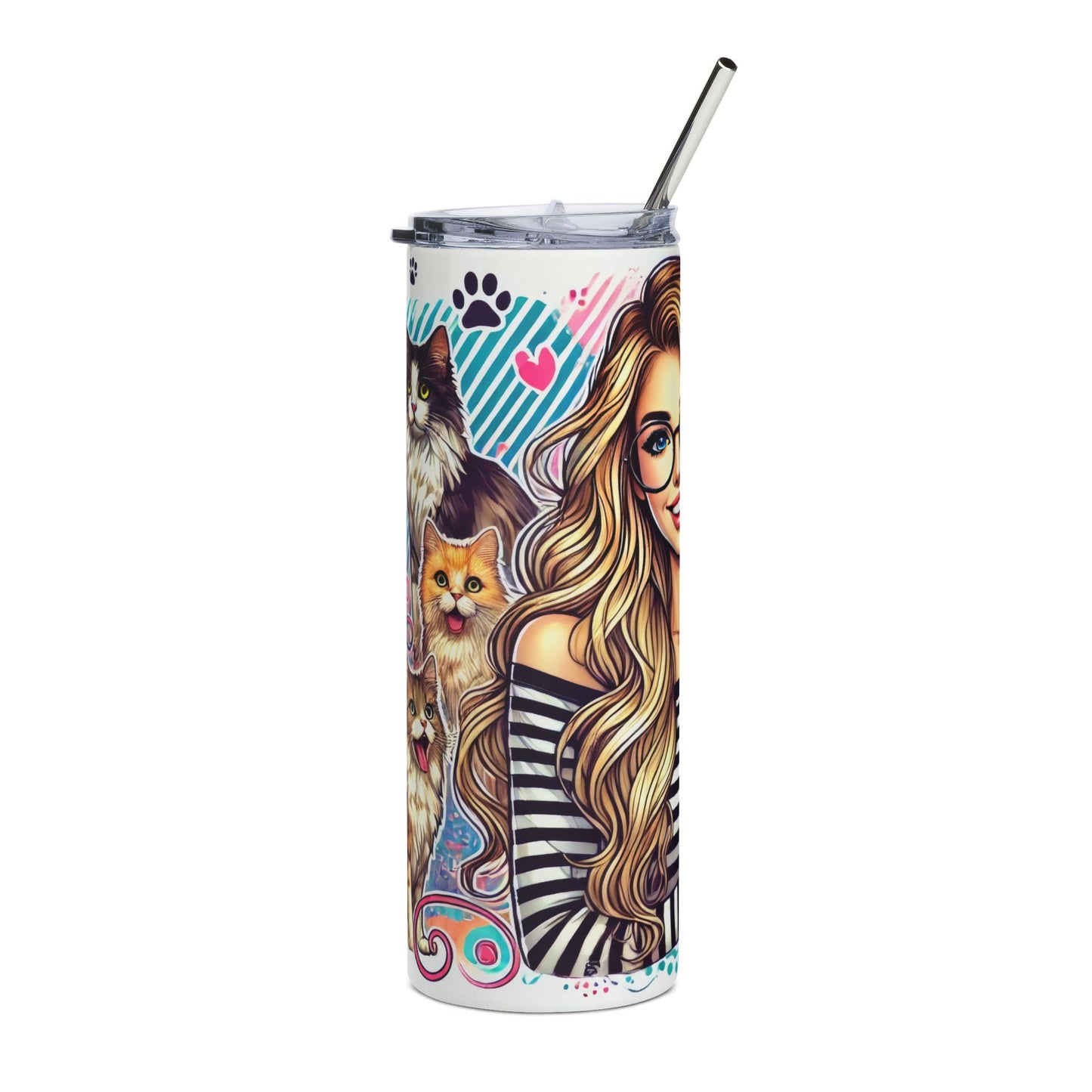 20oz Stainless Steel Tumbler — Cute Blonde Girl with Cats Illustrated Travel Cup