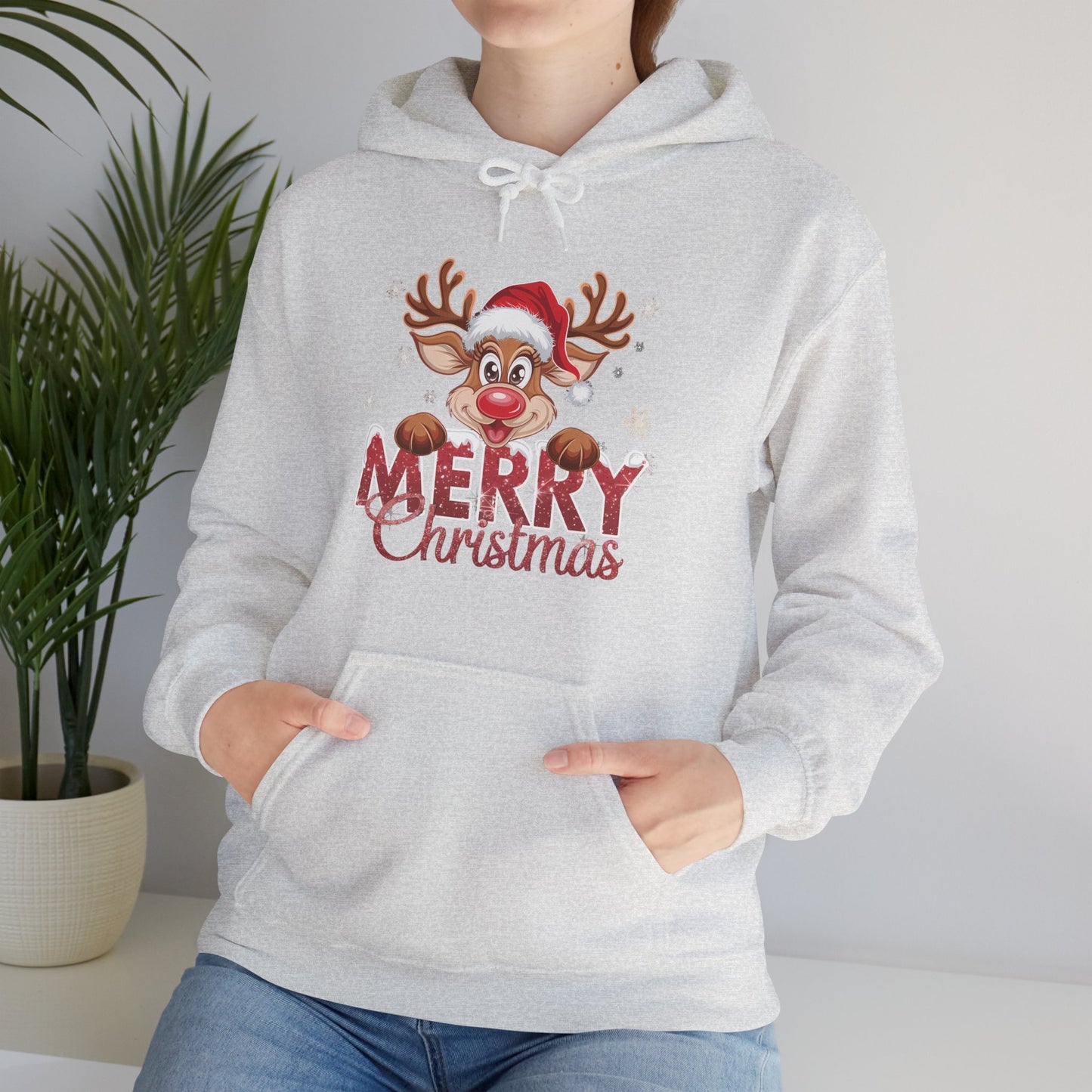Christmas Reindeer Hoodie - 'Merry Christmas' Cute Santa Reindeer Holiday Sweatshirt
