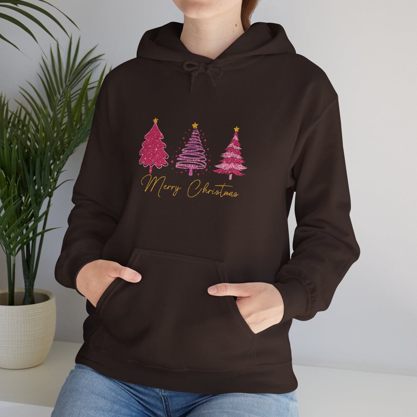 Christmas Pink Tree Hoodie — Merry Christmas Script Holiday Sweatshirt