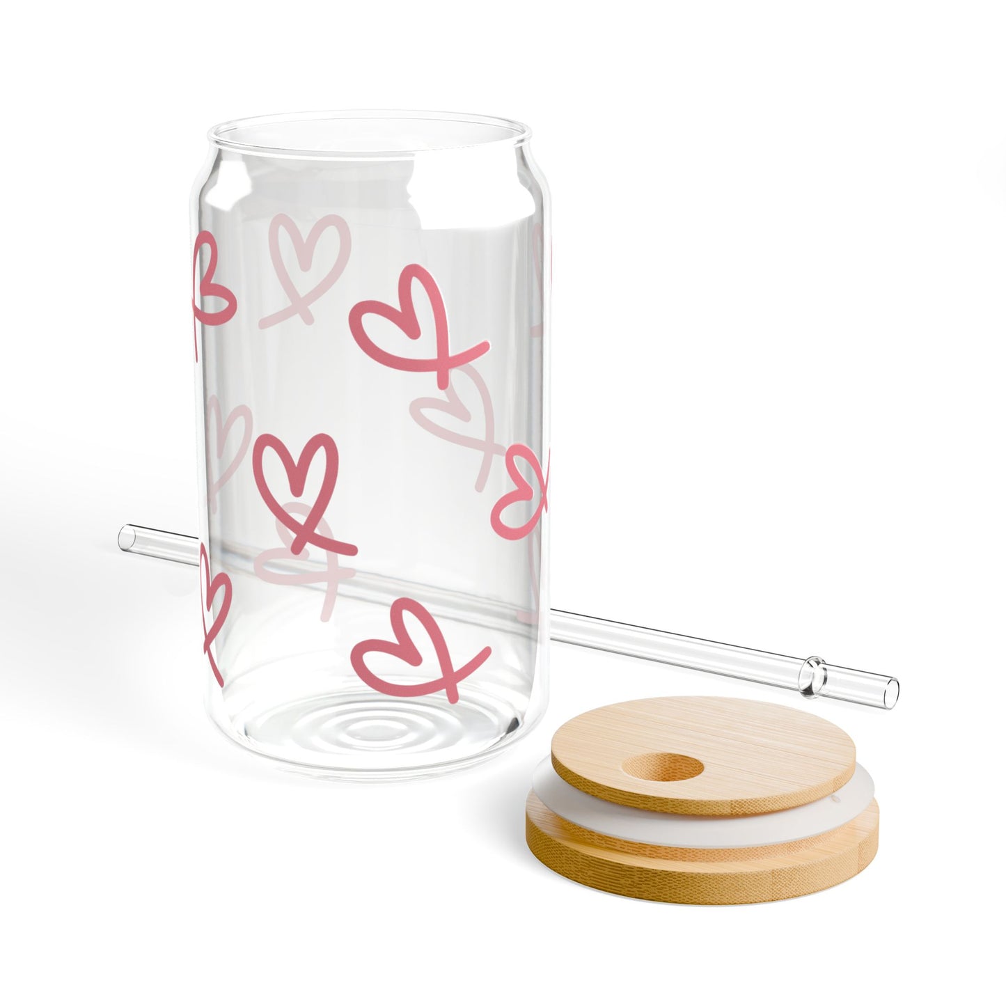 Glass Sipper Cup – Pink Doodle Hearts, 16oz Reusable Straw Tumbler