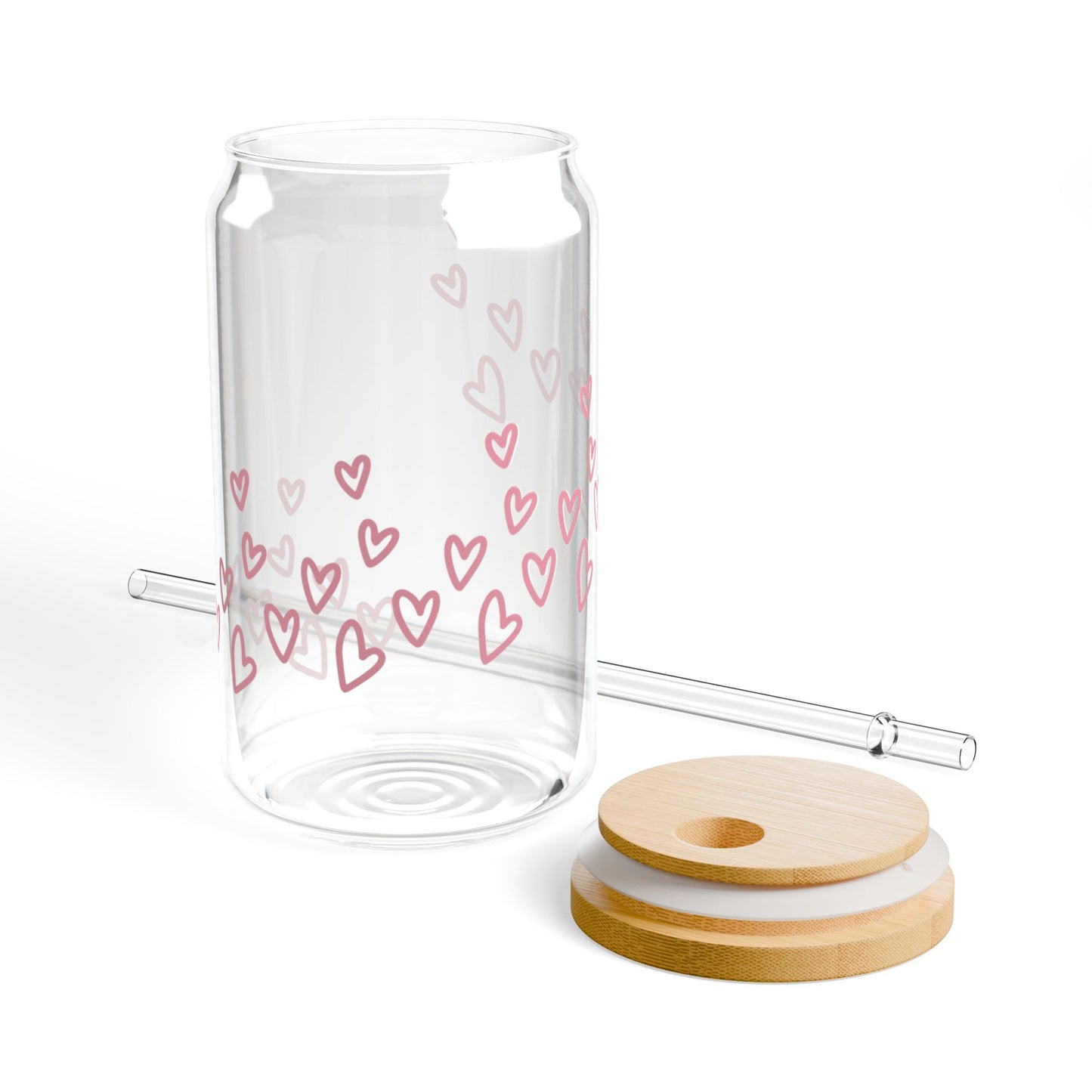 Heart Pattern Sipper Glass — 16oz Clear Tumbler with Pink Hearts & Bamboo Lid