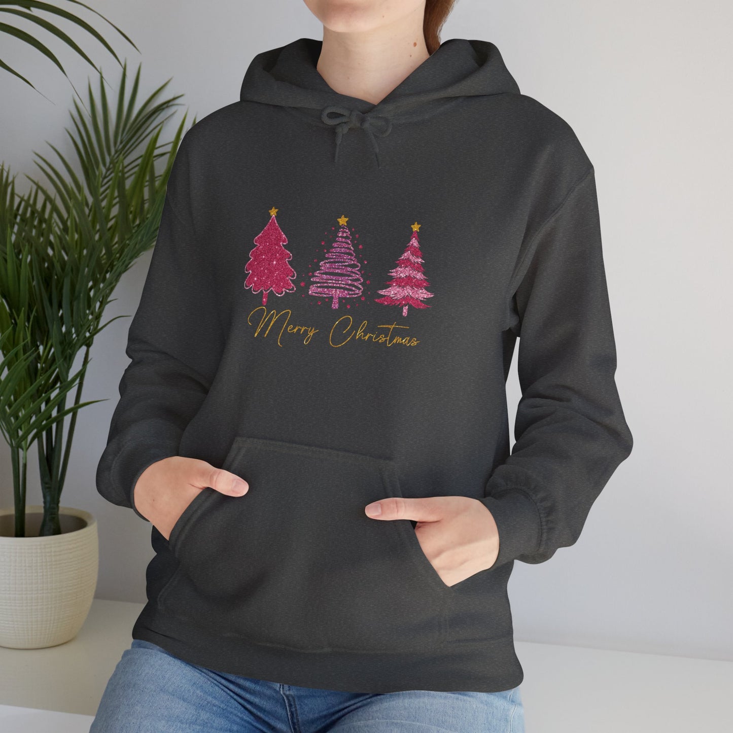 Christmas Pink Tree Hoodie — Merry Christmas Script Holiday Sweatshirt