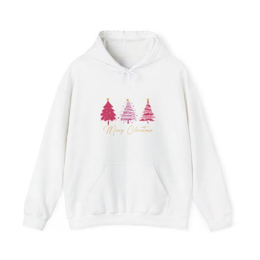 Christmas Pink Tree Hoodie — Merry Christmas Script Holiday Sweatshirt