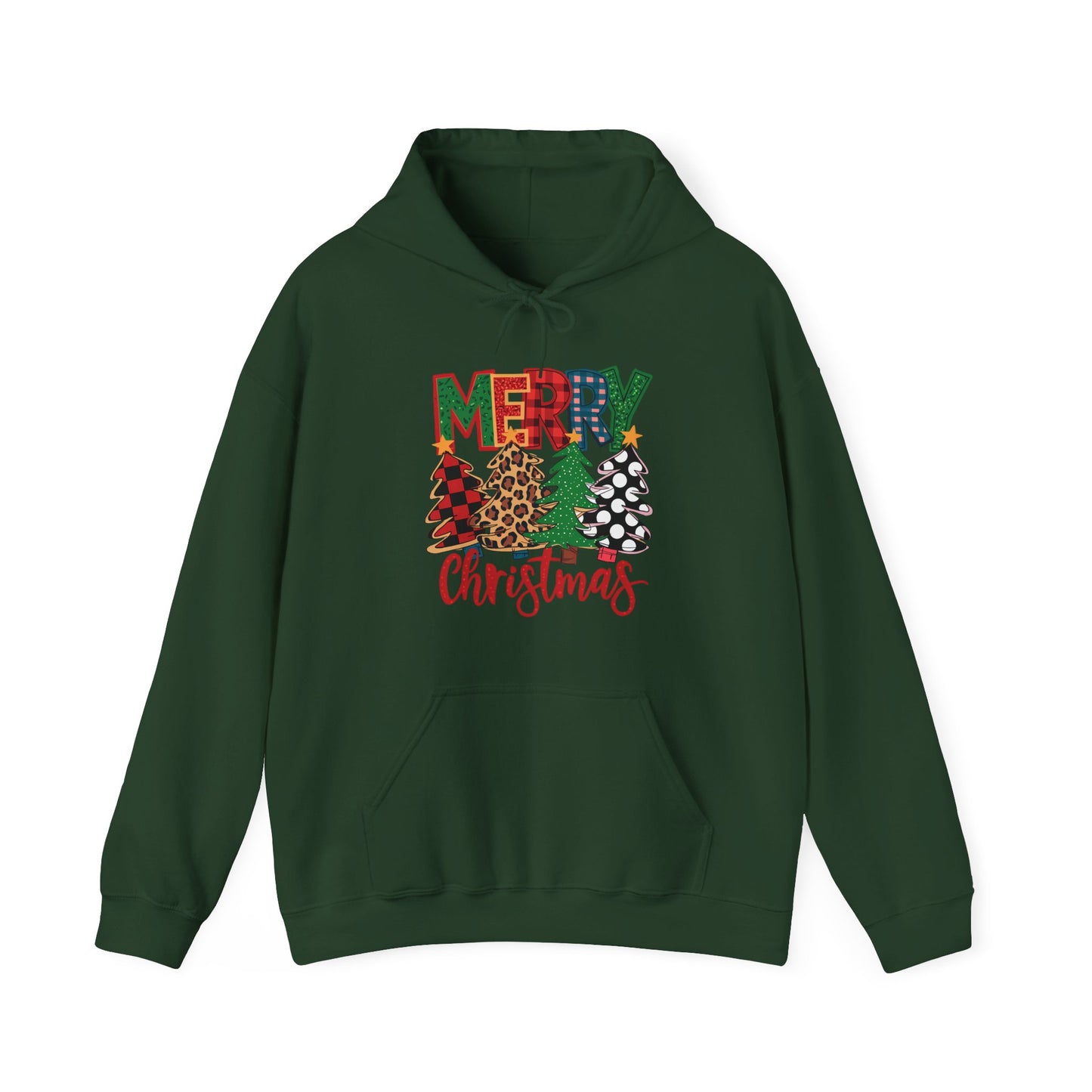 Merry Christmas Pine Tree Hoodie — Festive Buffalo Plaid Holiday Sweatshirt
