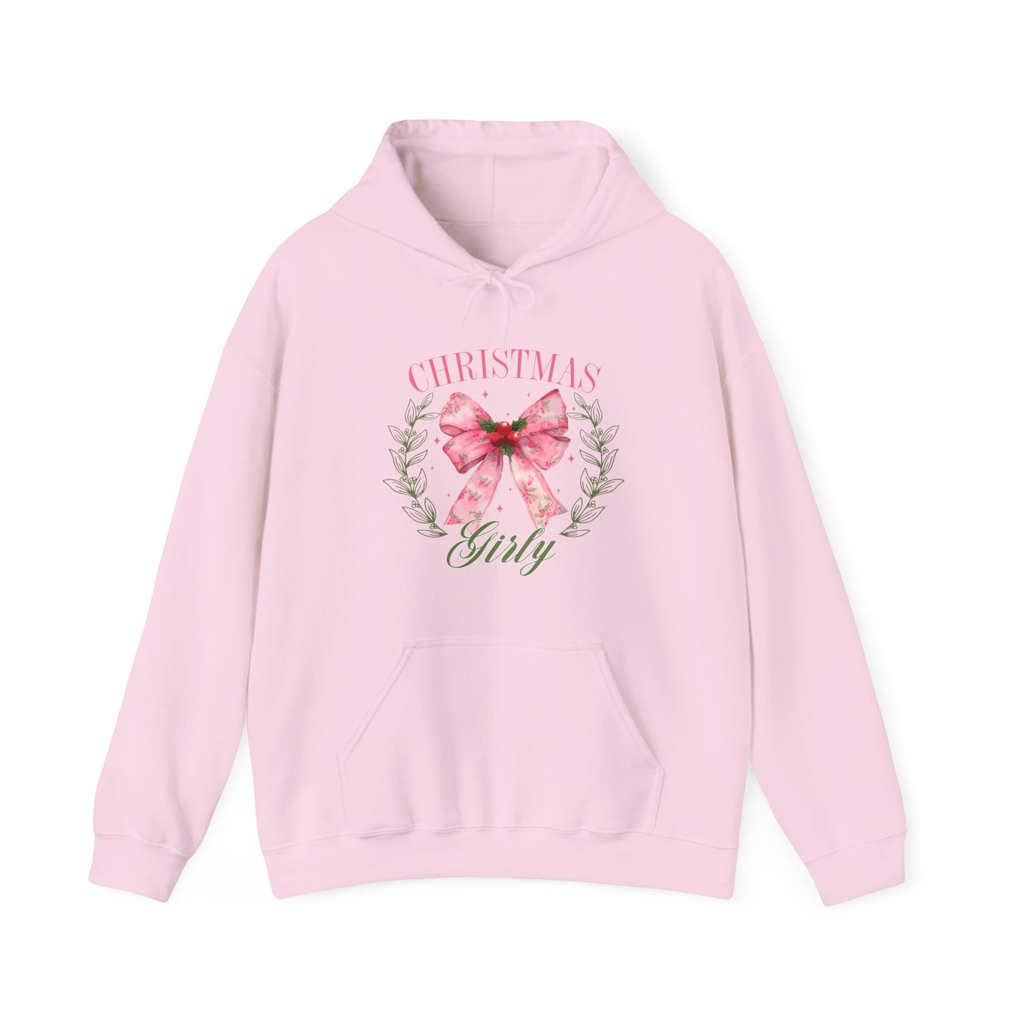 Christmas Girly Hoodie – Pink Bow Wreath Holiday Sweatshirt