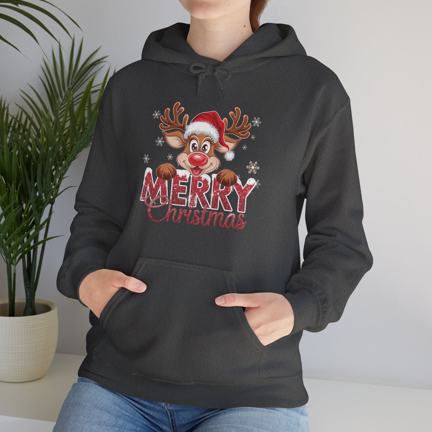 Christmas Reindeer Hoodie - 'Merry Christmas' Cute Santa Reindeer Holiday Sweatshirt
