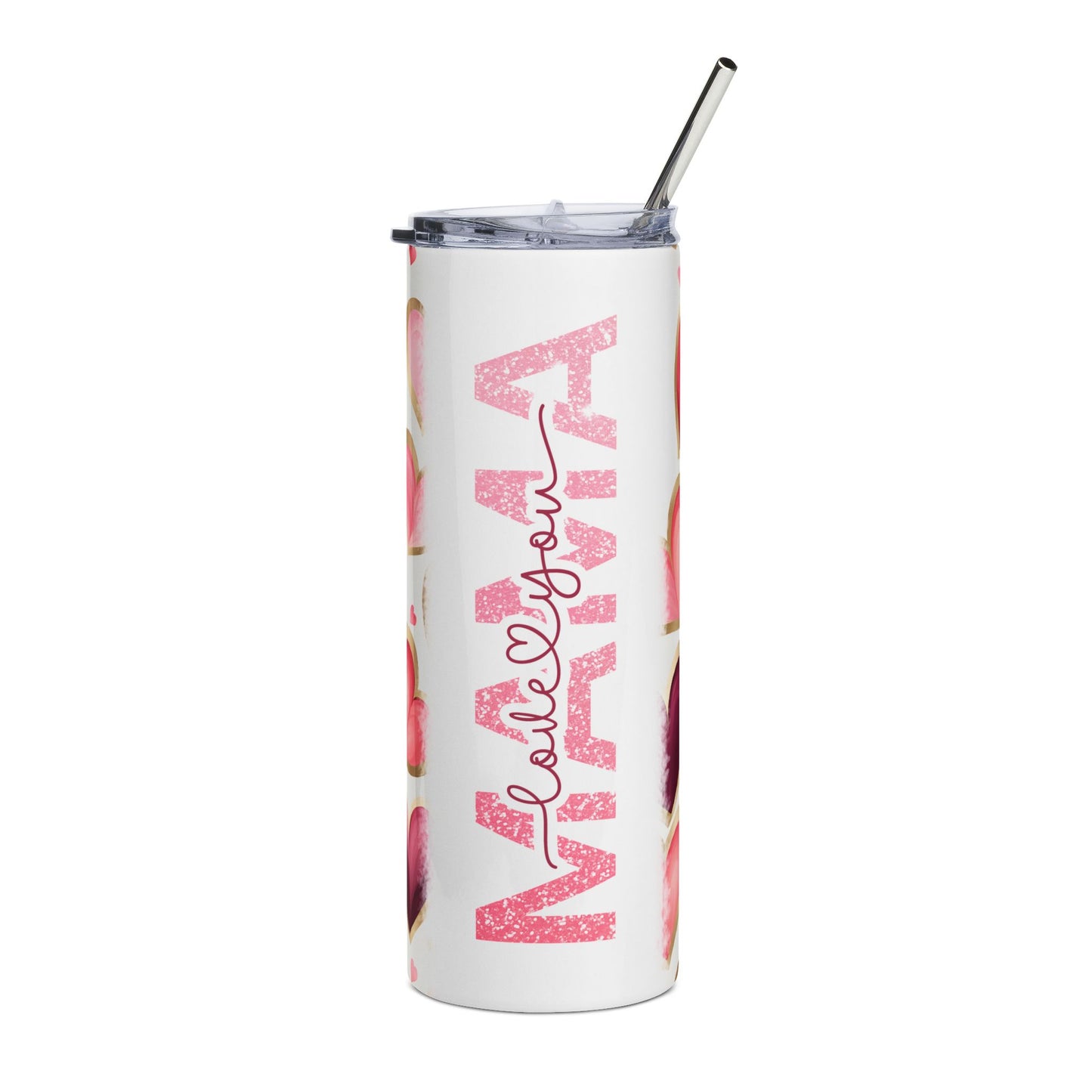 20oz Stainless Steel Tumbler — Pink Hearts 'MAMA' Glitter Script Travel Cup