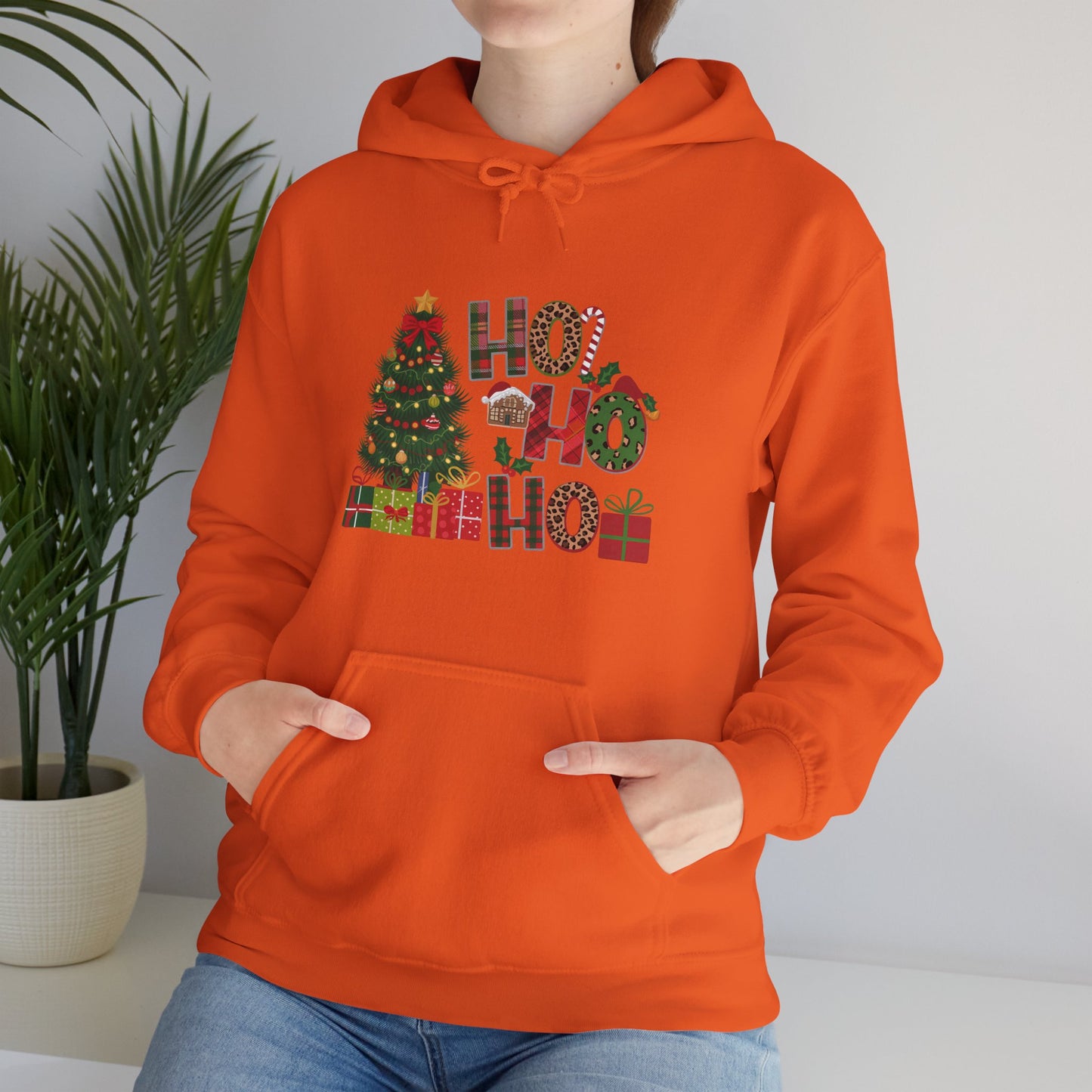 Christmas 'Ho Ho Ho' Hoodie with Tree & Gifts - Festive Holiday Sweatshirt