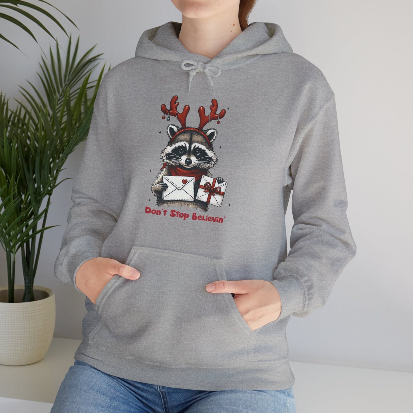 Christmas Raccoon Hoodie — 'Don't Stop Believin'' Festive Holiday Sweatshirt