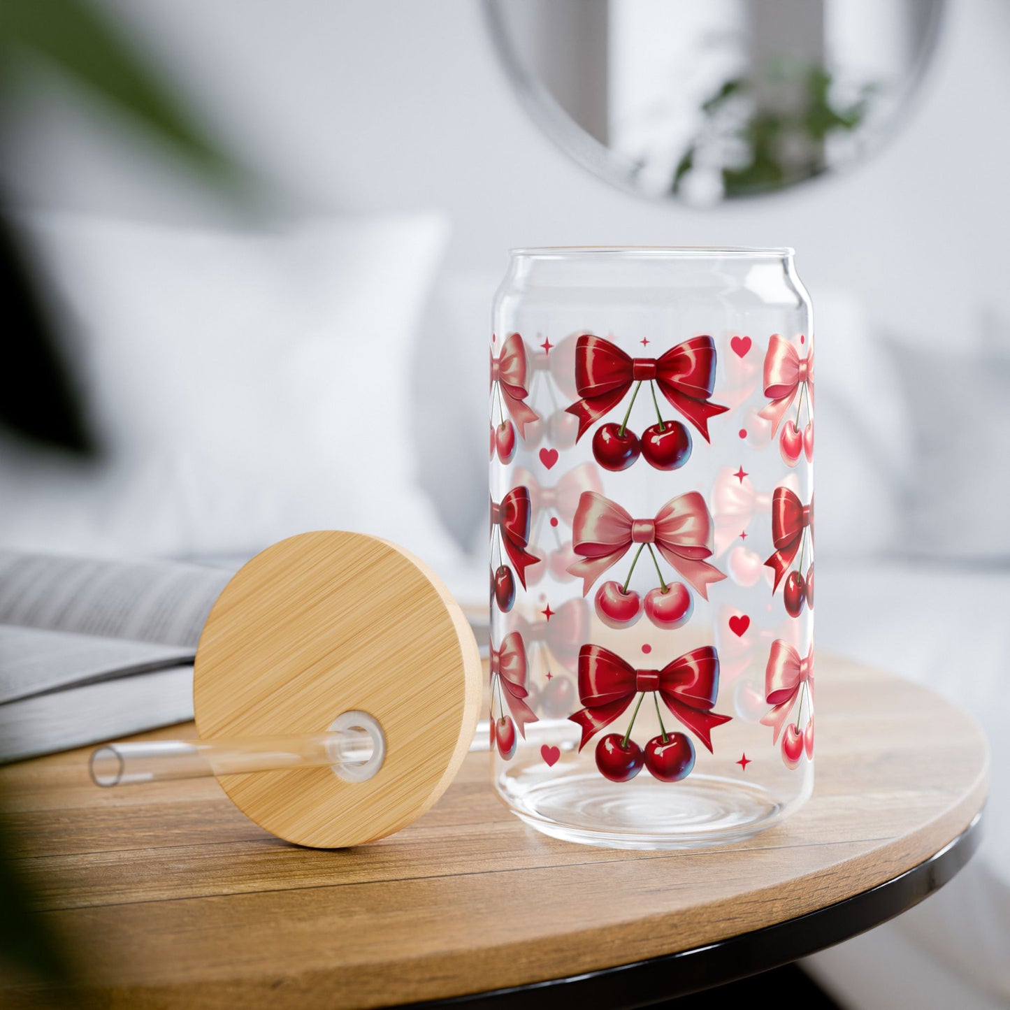 16oz Glass Sipper with Red Bow & Hearts — Valentines Straw Tumbler