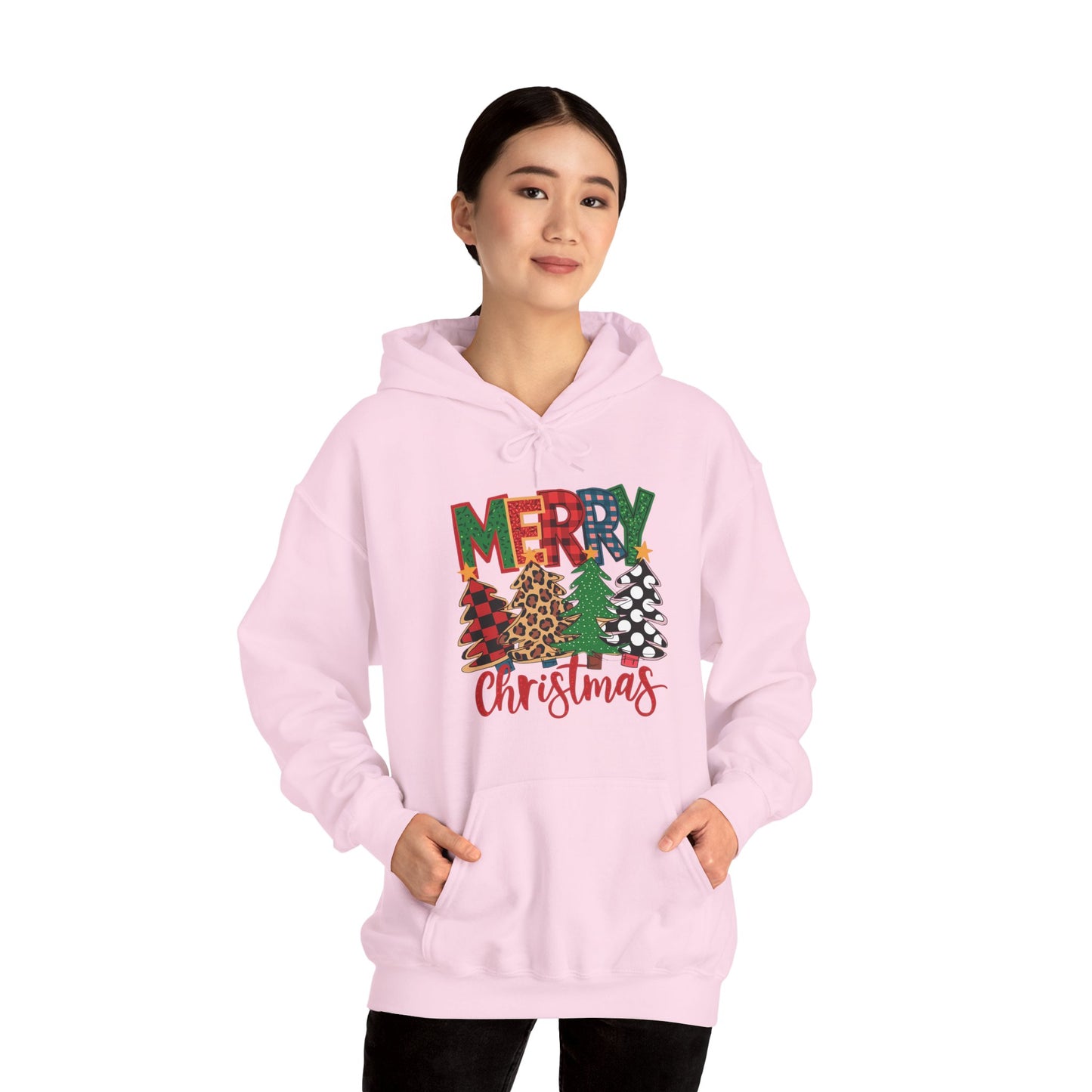 Merry Christmas Pine Tree Hoodie — Festive Buffalo Plaid Holiday Sweatshirt