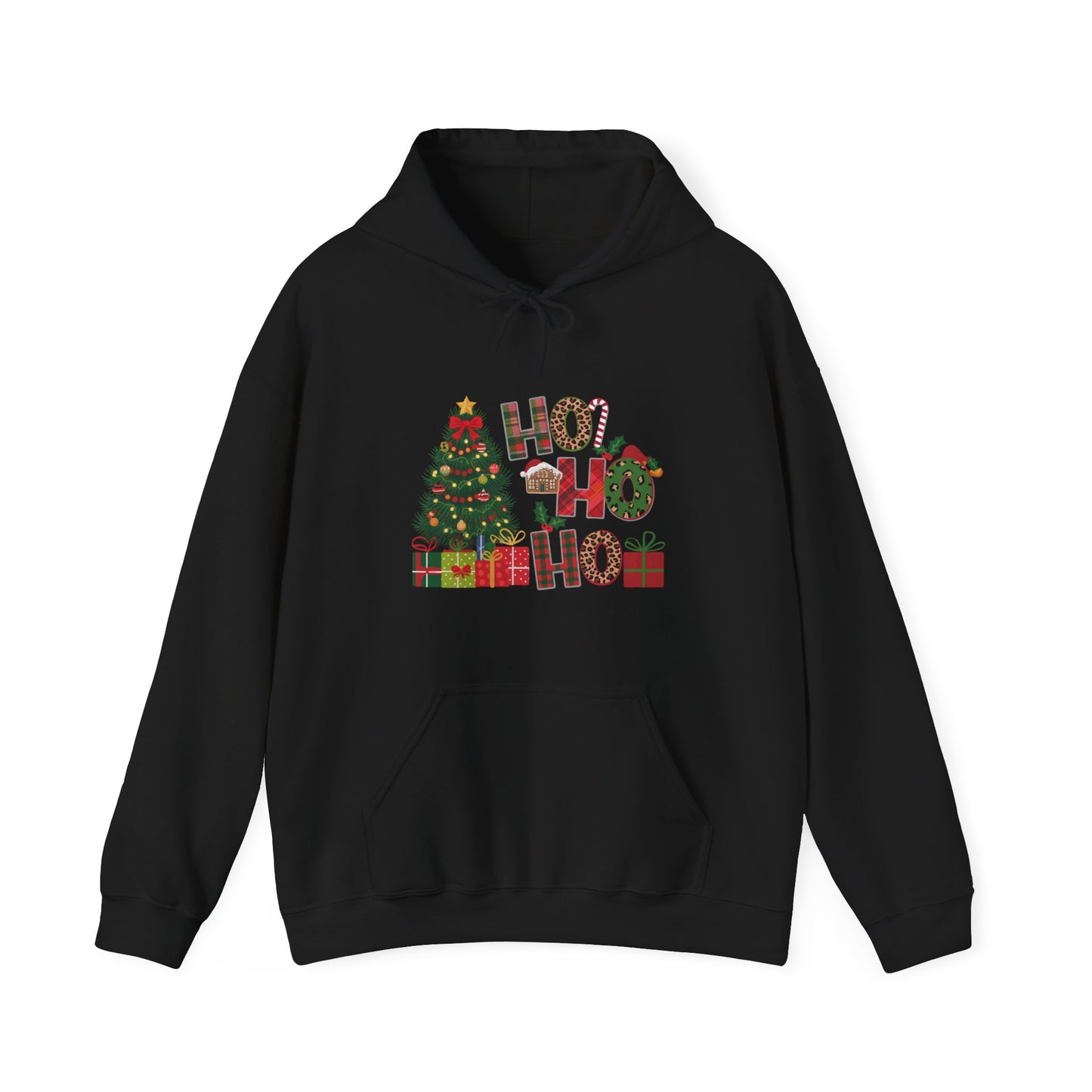 Christmas 'Ho Ho Ho' Hoodie with Tree & Gifts - Festive Holiday Sweatshirt