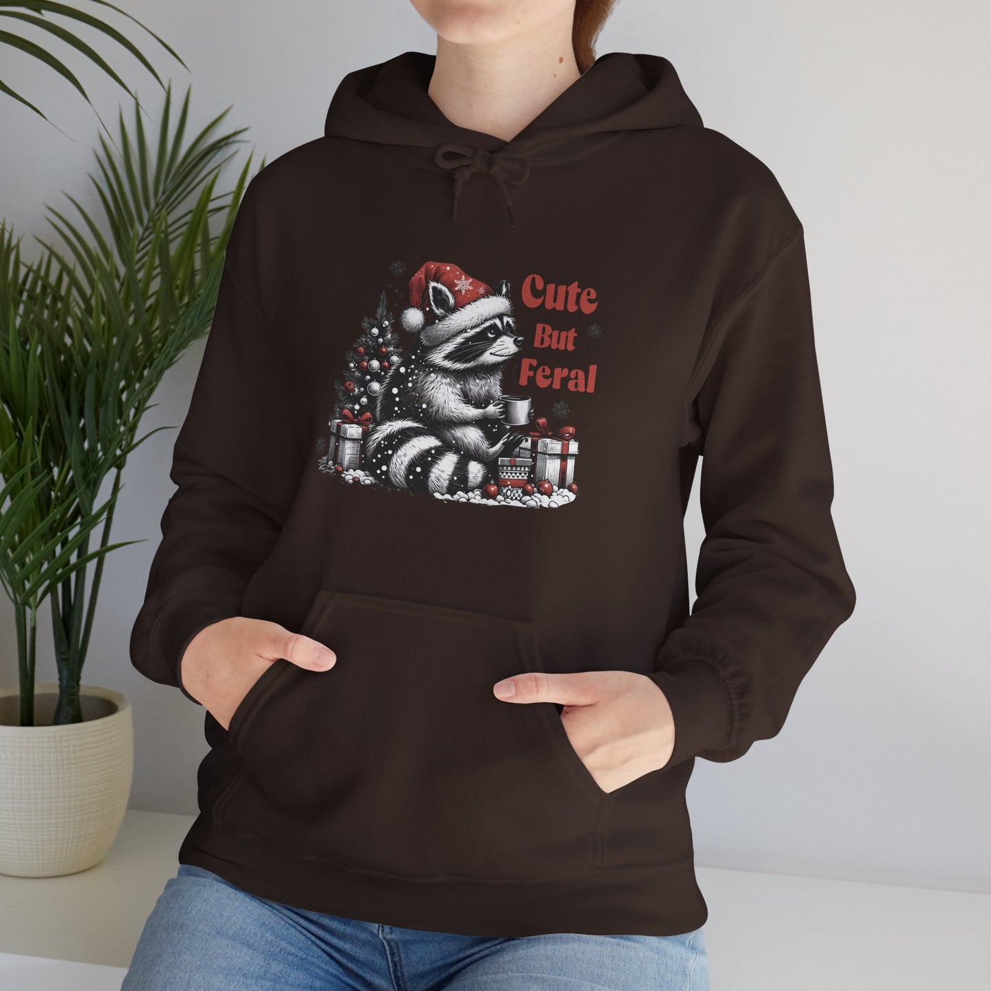 Cute But Feral Raccoon Holiday Hoodie — Christmas Animal Graphic Sweatshirt