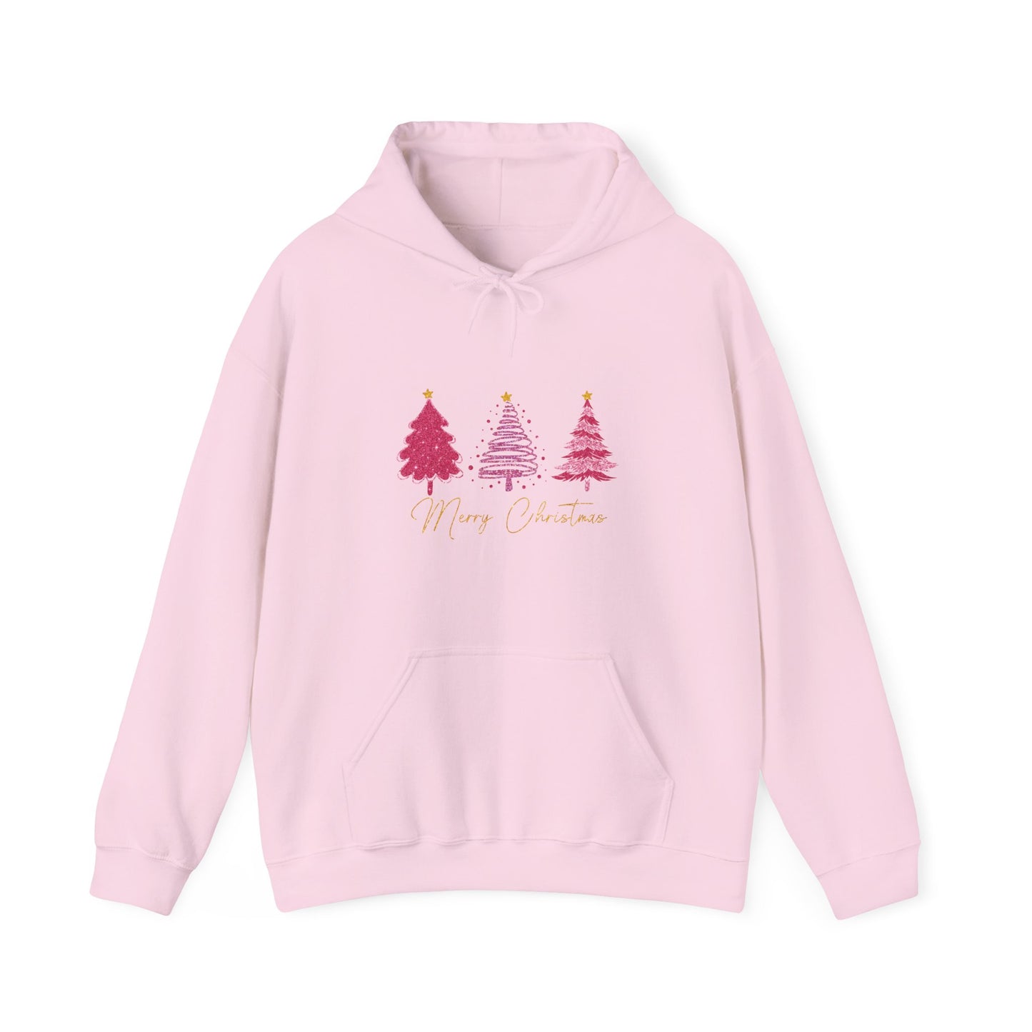 Christmas Pink Tree Hoodie — Merry Christmas Script Holiday Sweatshirt