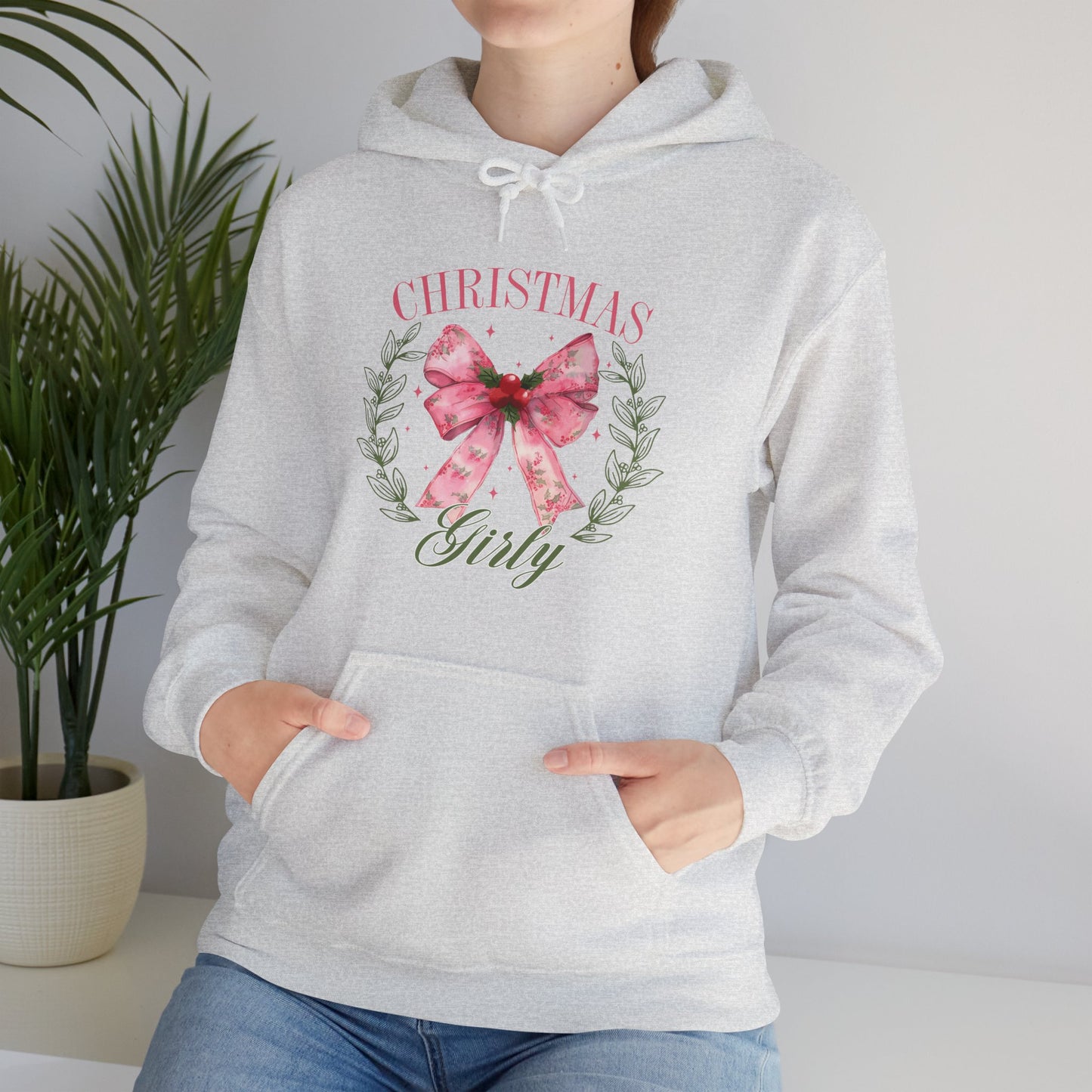 Christmas Girly Hoodie – Pink Bow Wreath Holiday Sweatshirt