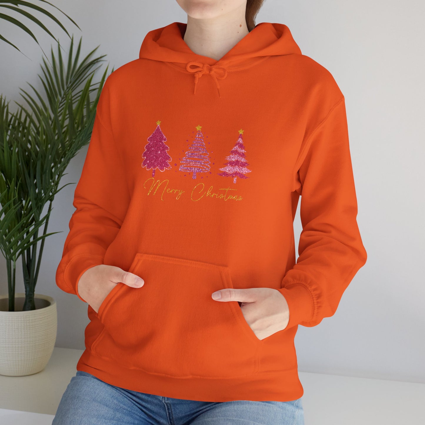 Christmas Pink Tree Hoodie — Merry Christmas Script Holiday Sweatshirt