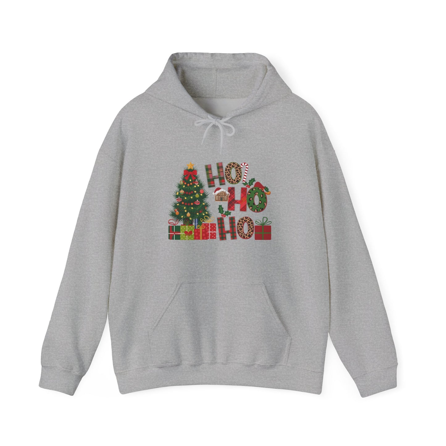 Christmas 'Ho Ho Ho' Hoodie with Tree & Gifts - Festive Holiday Sweatshirt