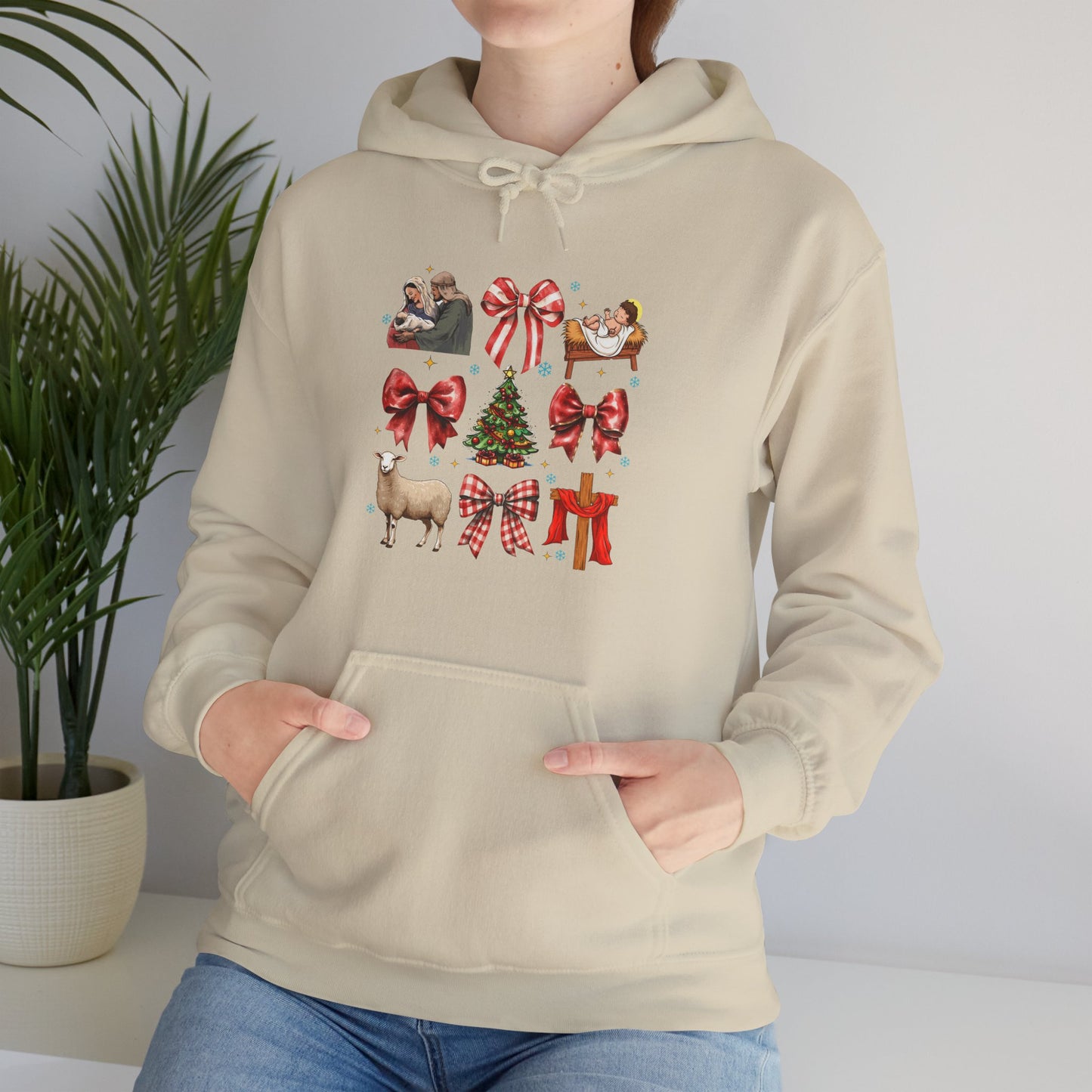 Christmas Bow & Reindeer Hoodie — Festive Holiday Graphic Sweatshirt