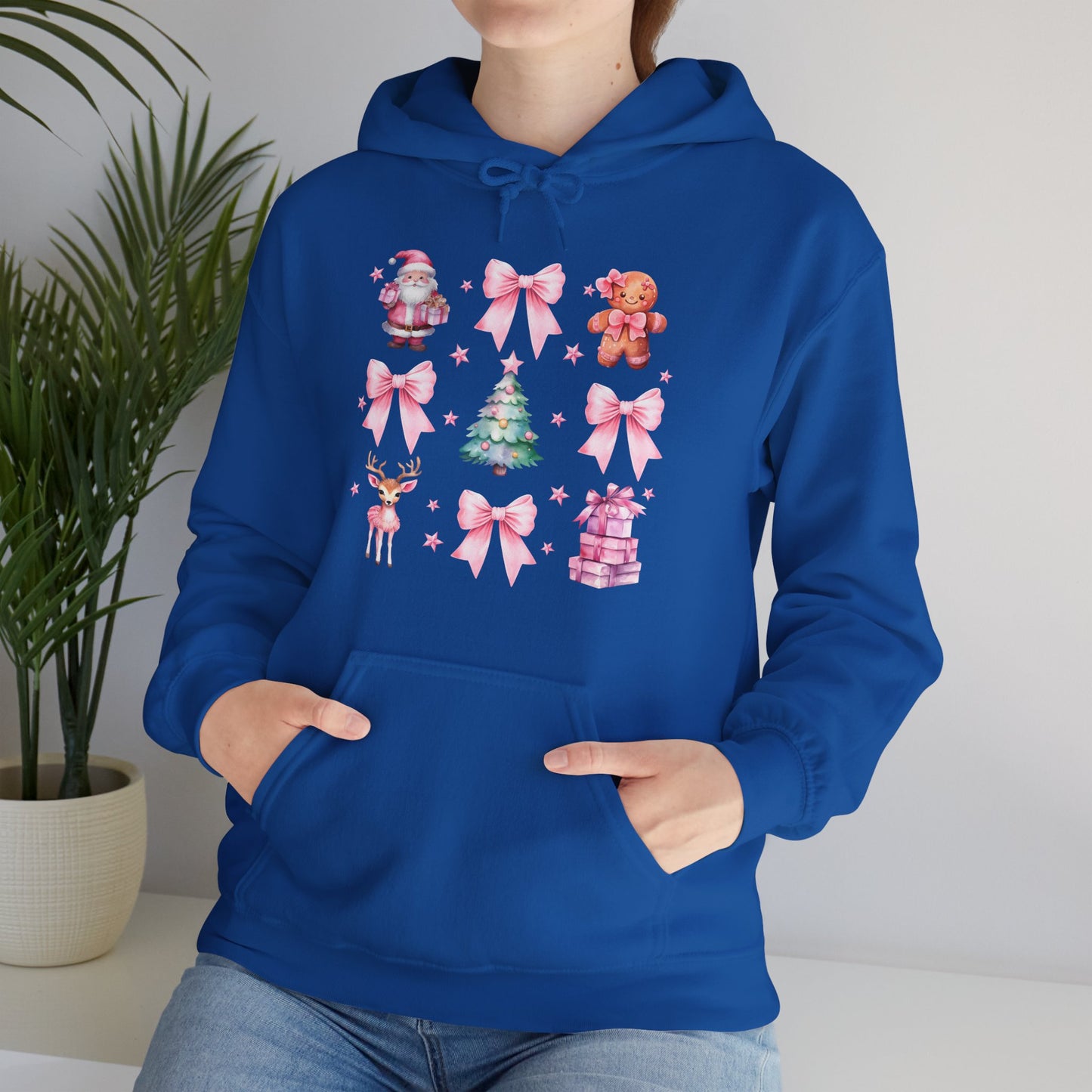 Christmas Graphic Hoodie — Pink Holiday Icons (Santa, Tree, Gingerbread, Bows)