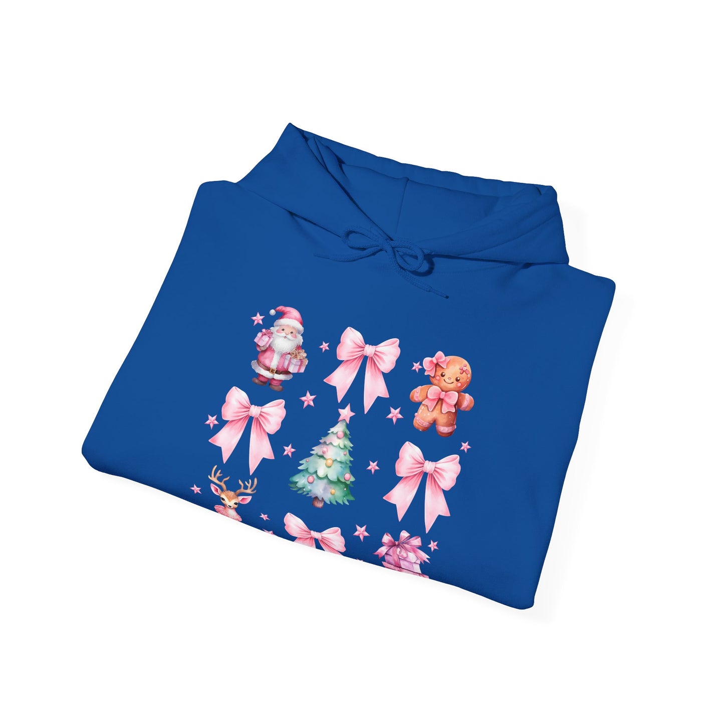 Christmas Graphic Hoodie — Pink Holiday Icons (Santa, Tree, Gingerbread, Bows)