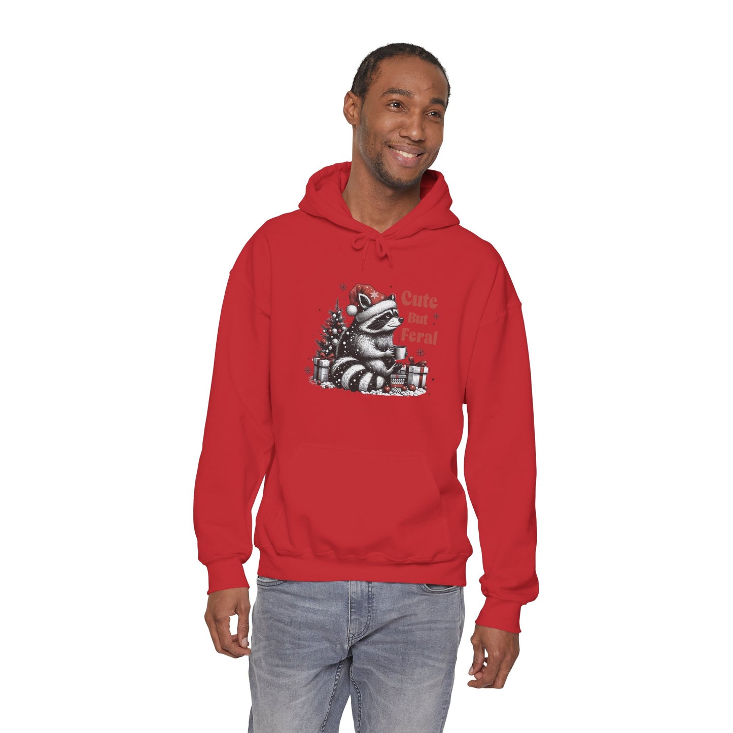 Cute But Feral Raccoon Holiday Hoodie — Christmas Animal Graphic Sweatshirt