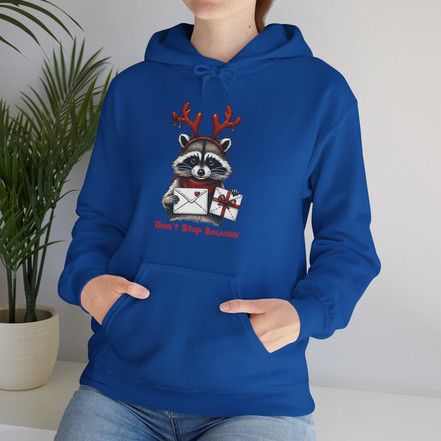 Christmas Raccoon Hoodie — 'Don't Stop Believin'' Festive Holiday Sweatshirt