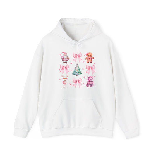 Christmas Graphic Hoodie — Pink Holiday Icons (Santa, Tree, Gingerbread, Bows)