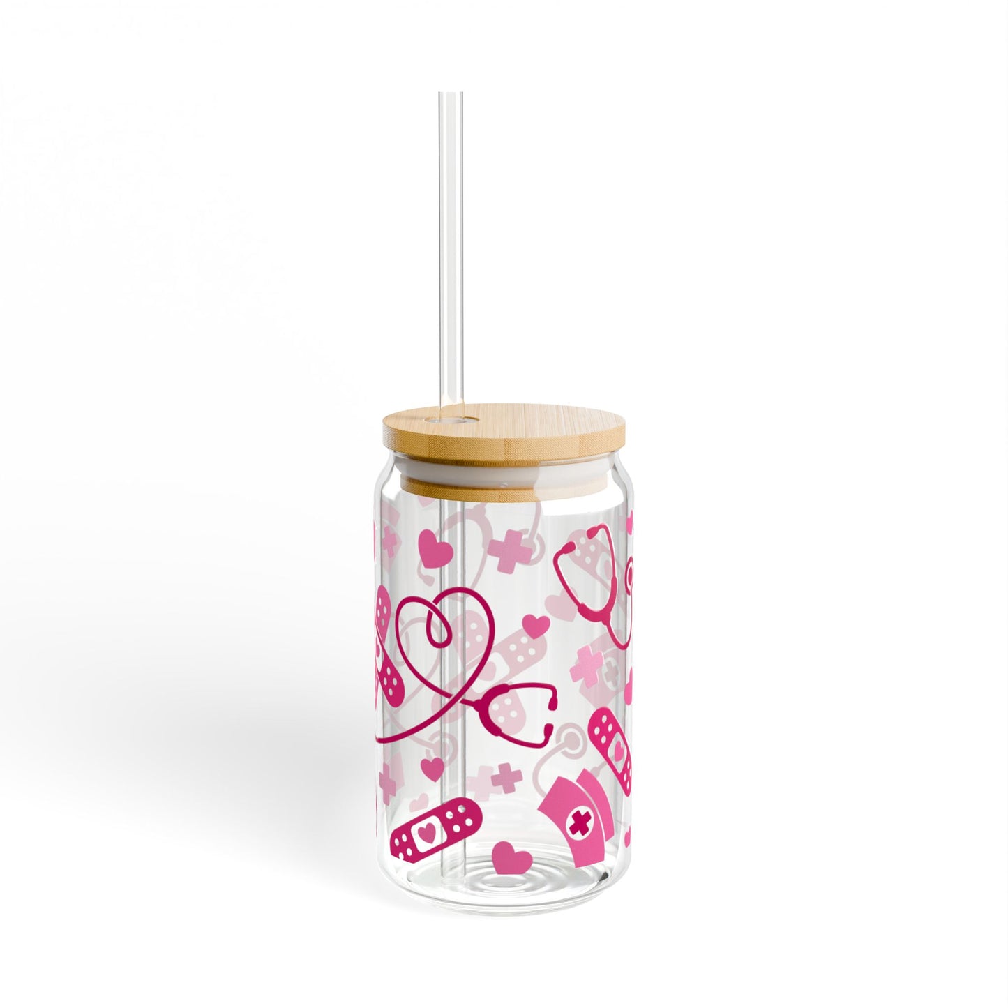 16oz Medical Hearts Sipper Glass – Nurse Stethoscope & Bandage Drink Tumbler