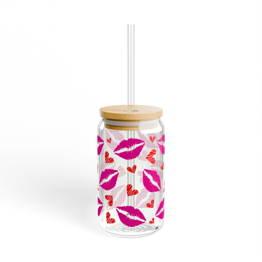 Kiss Print 16oz Sipper Glass with Straw – Cute Lip & Hearts Cold Drink Tumbler