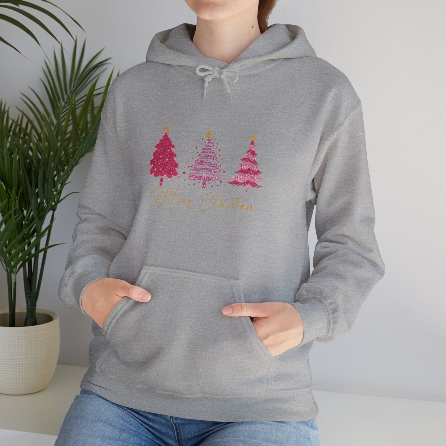 Christmas Pink Tree Hoodie — Merry Christmas Script Holiday Sweatshirt