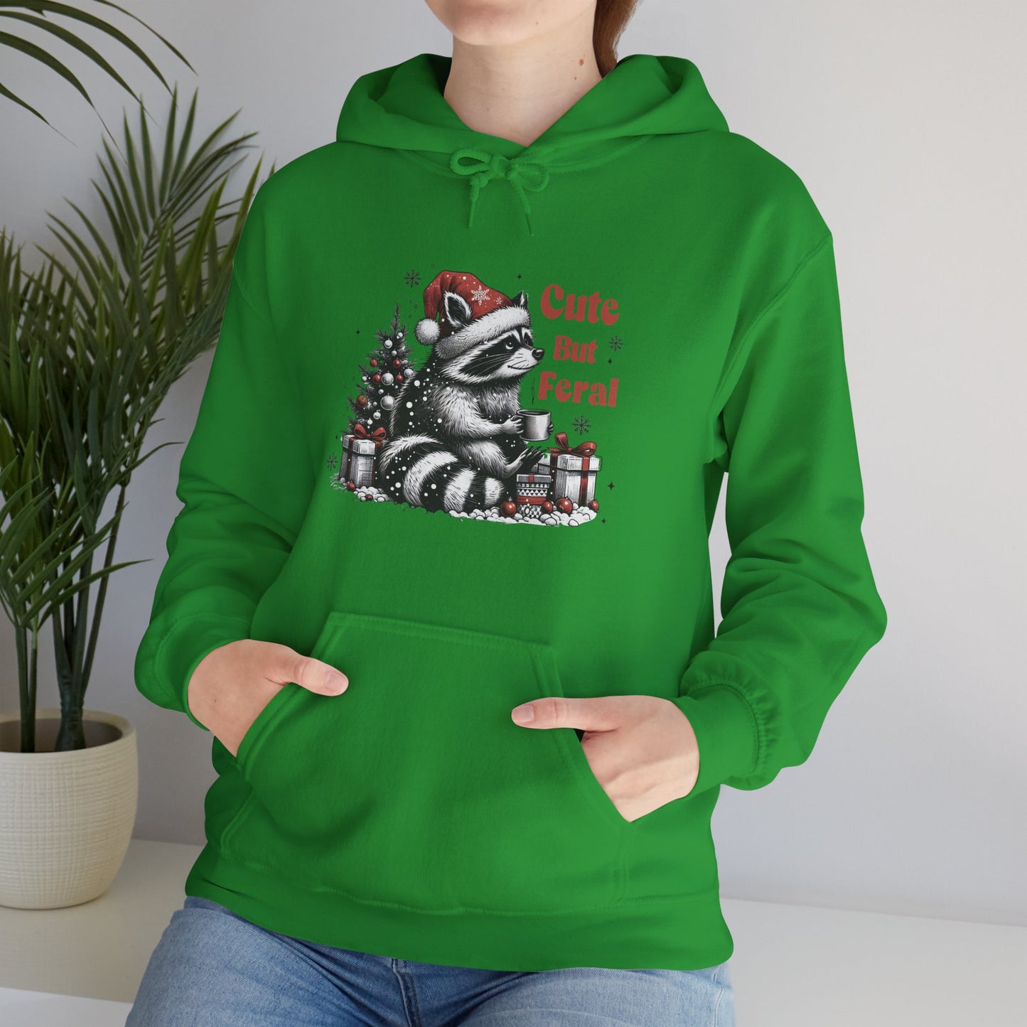 Cute But Feral Raccoon Holiday Hoodie — Christmas Animal Graphic Sweatshirt