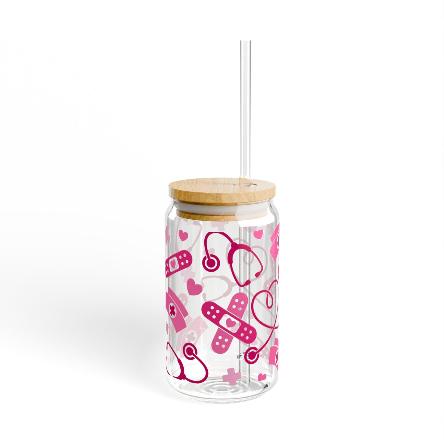 16oz Medical Hearts Sipper Glass – Nurse Stethoscope & Bandage Drink Tumbler