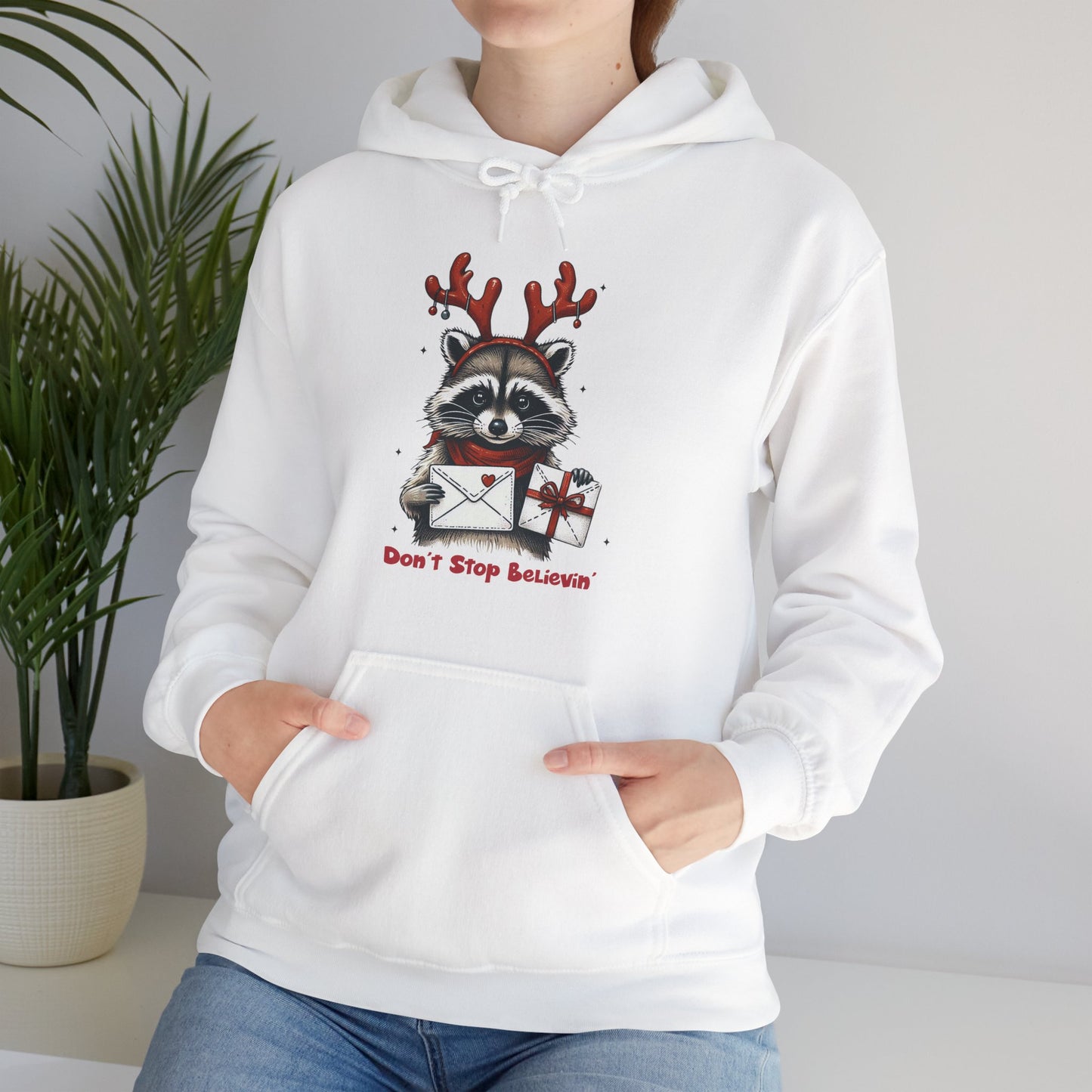 Christmas Raccoon Hoodie — 'Don't Stop Believin'' Festive Holiday Sweatshirt