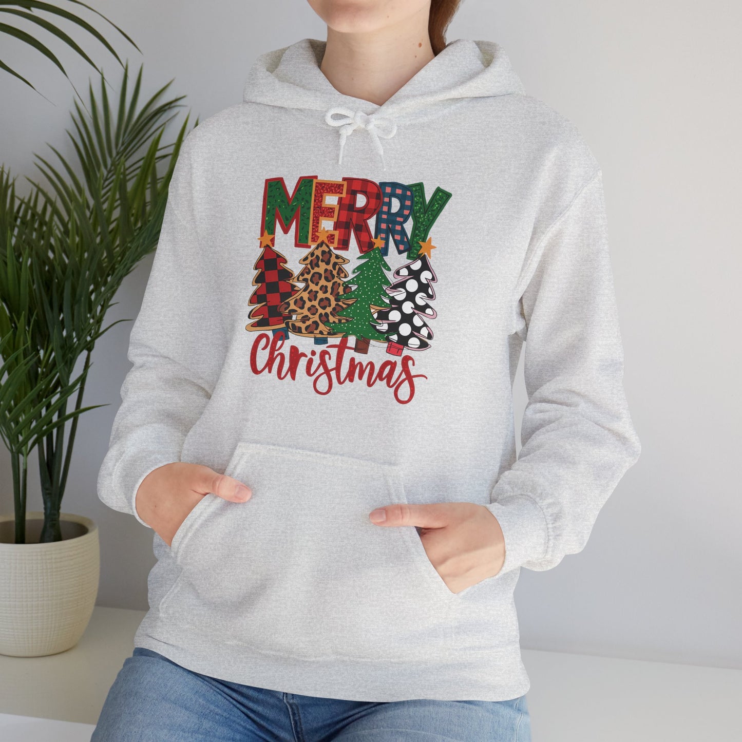 Merry Christmas Pine Tree Hoodie — Festive Buffalo Plaid Holiday Sweatshirt