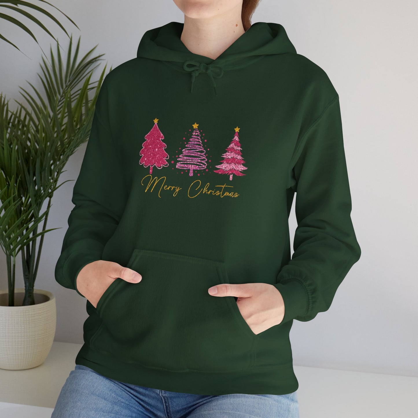 Christmas Pink Tree Hoodie — Merry Christmas Script Holiday Sweatshirt