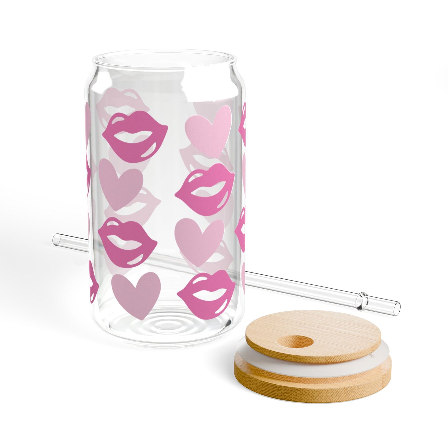 Kiss & Hearts Sipper Glass — 16oz Pink Lip Print Tumbler with Straw