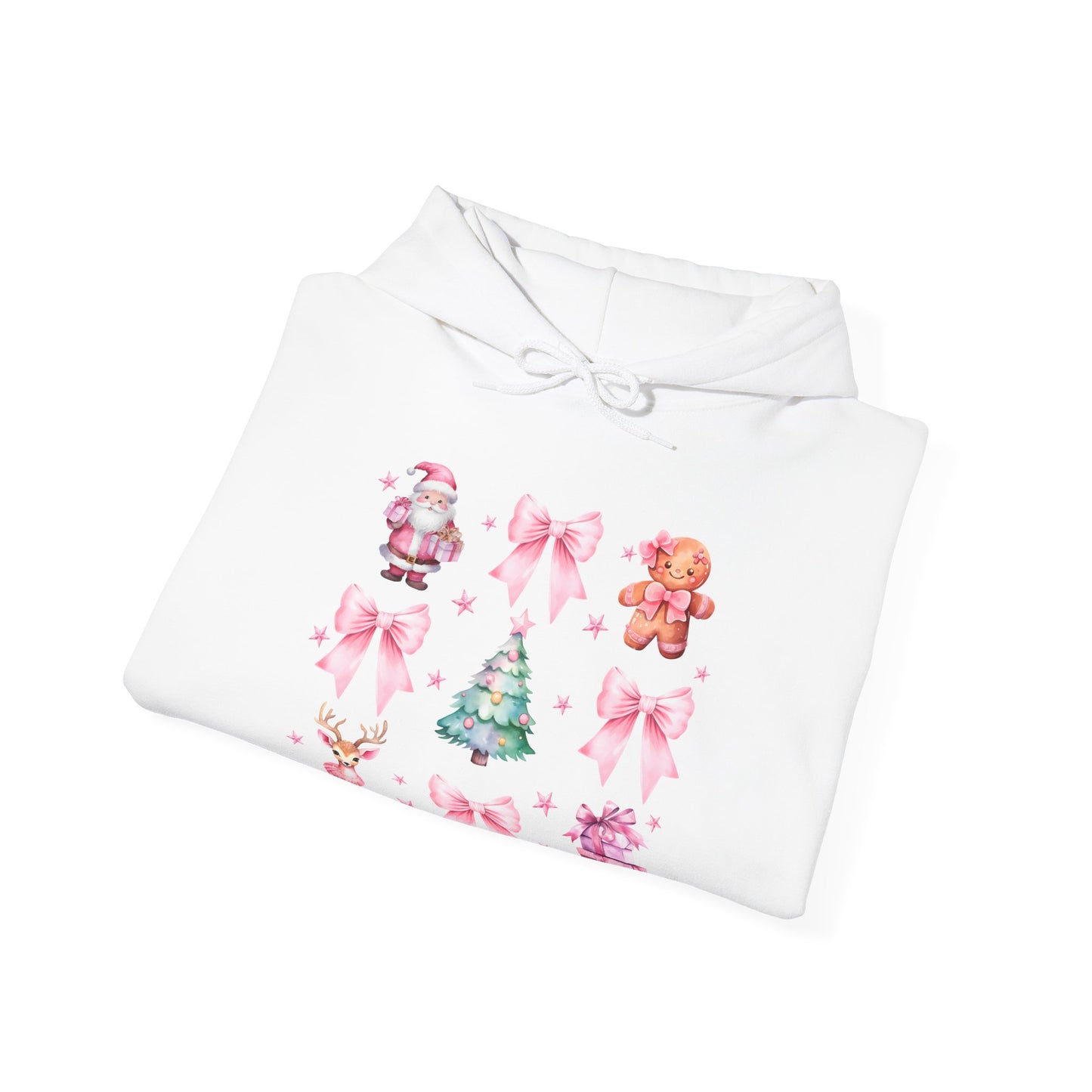 Christmas Graphic Hoodie — Pink Holiday Icons (Santa, Tree, Gingerbread, Bows)